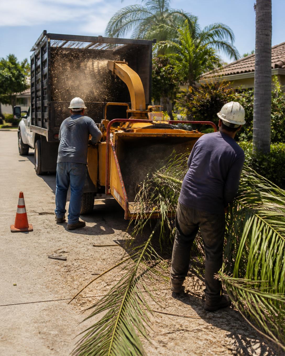Green Earth Tree Services crew feeding cut limbs into a chipper in Escondido