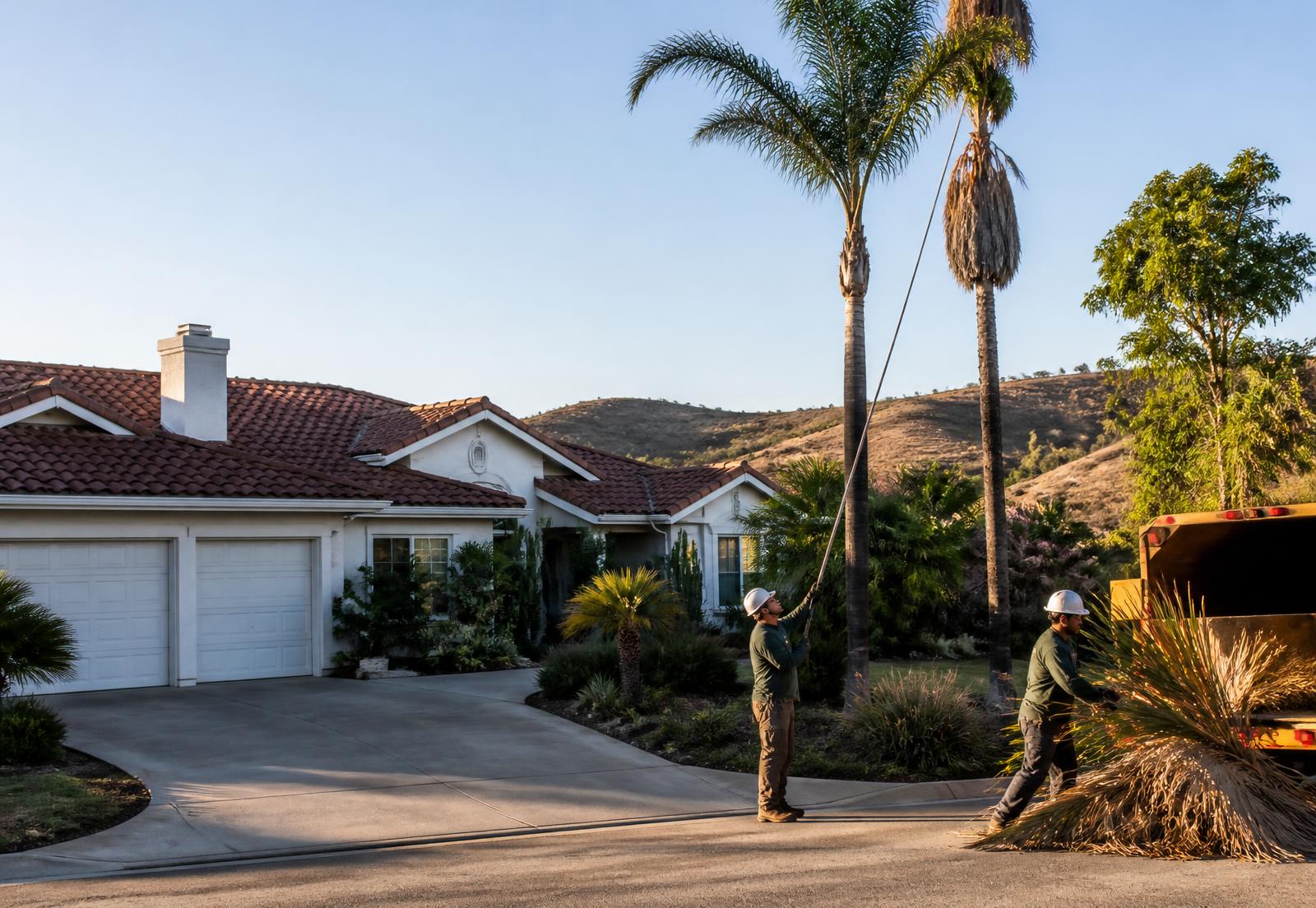 Green Earth Tree Services crew trimming palms at a tile roof home in Escondido, California